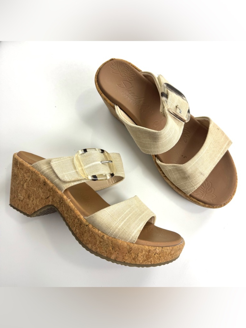 Skechers Cali Brystol Women's Sz 6.5 Cork Wedge Sandals Tan natural linen canvas